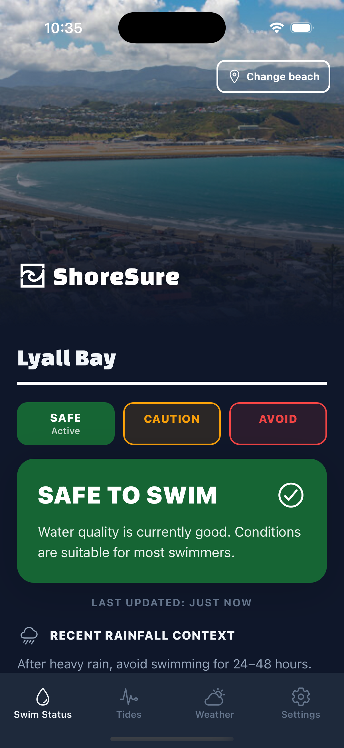 ShoreSure app showing swim status at Lyall Bay