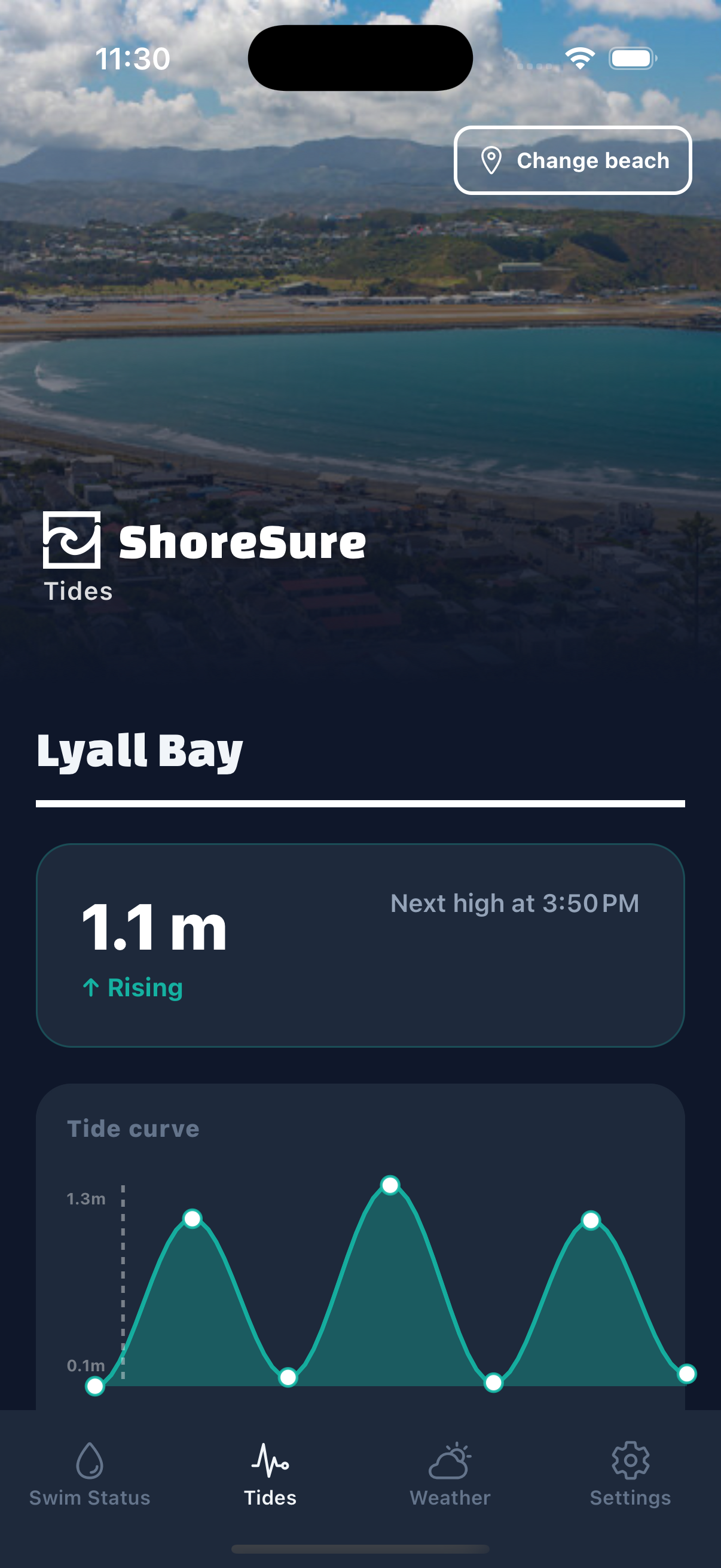 ShoreSure app showing tide times at Lyall Bay