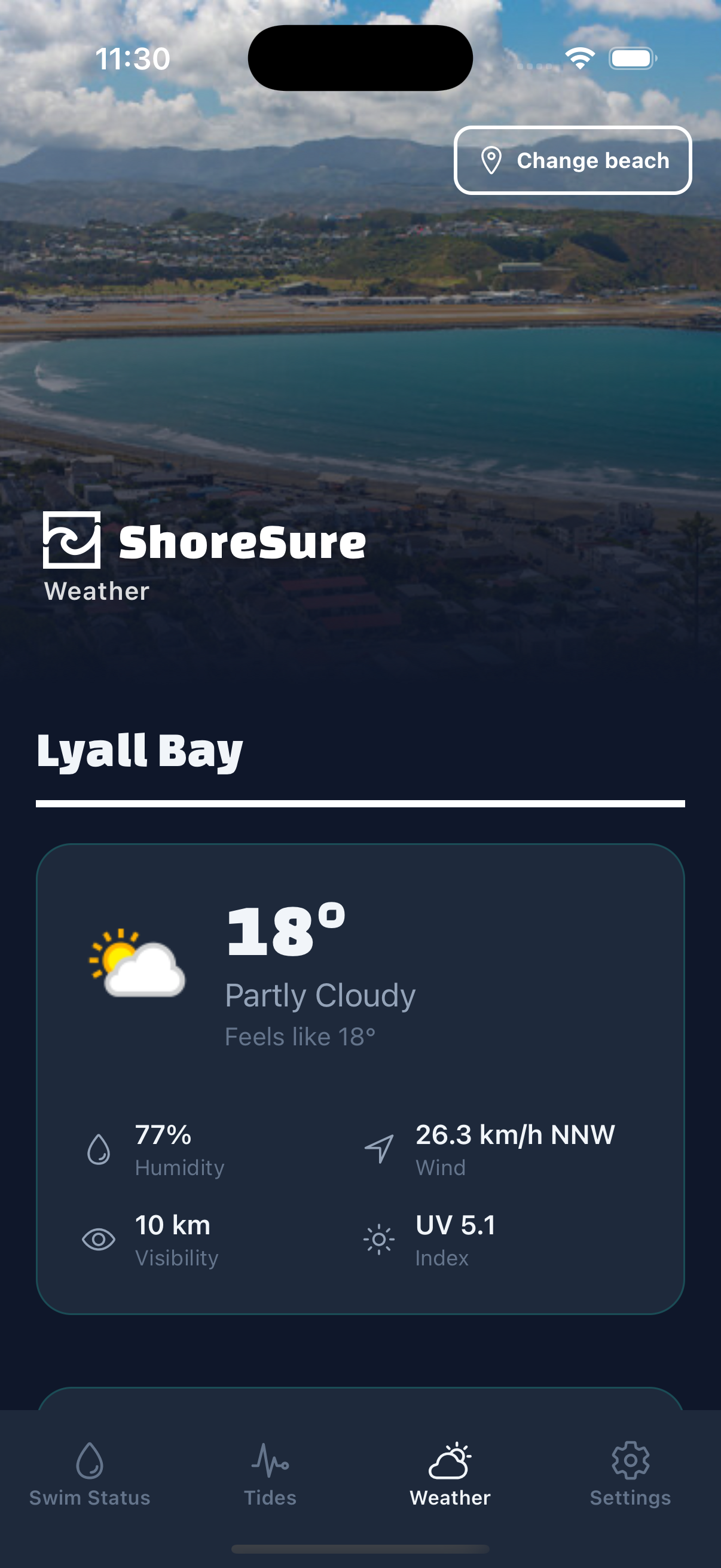 ShoreSure app showing weather at Lyall Bay